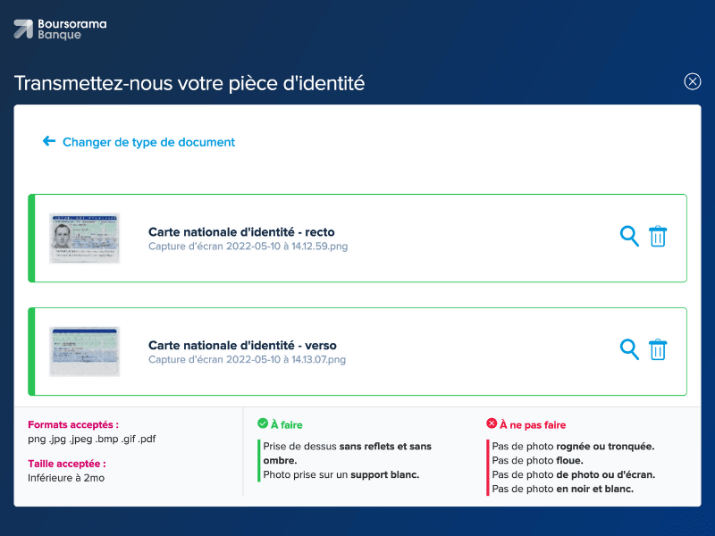 Transmission d'une copie recto-verso de sa carte d'identité à BoursoBank