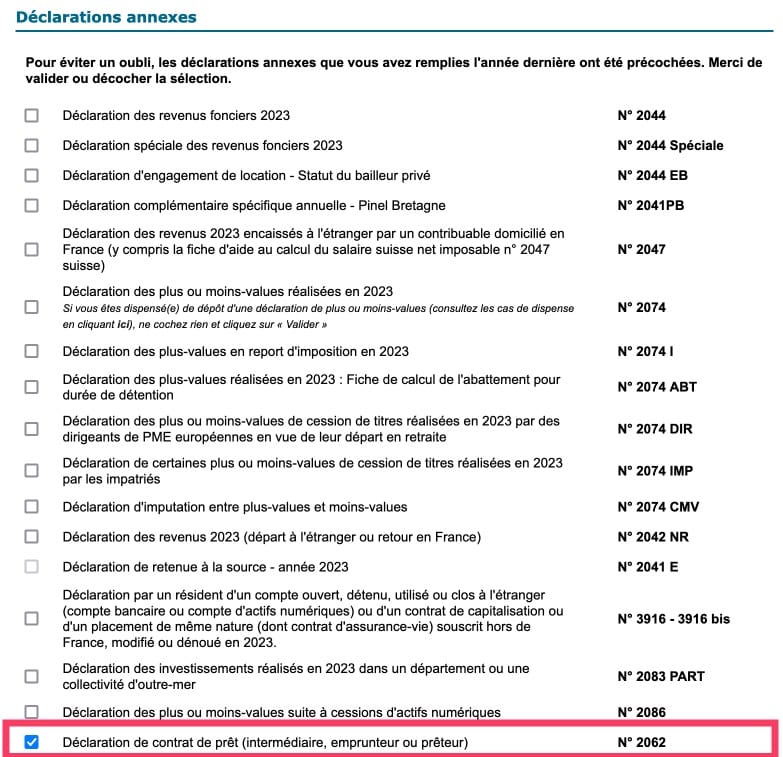 sélectionner l'annexe 2062 dans la fenêtre listant l'ensemble des annexes disponibles pour la déclaration de revenus.