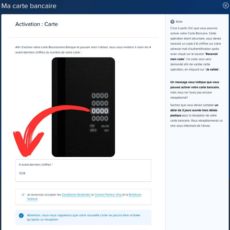 Activation de la carte Boursorama avec les 4 numéros au verso.