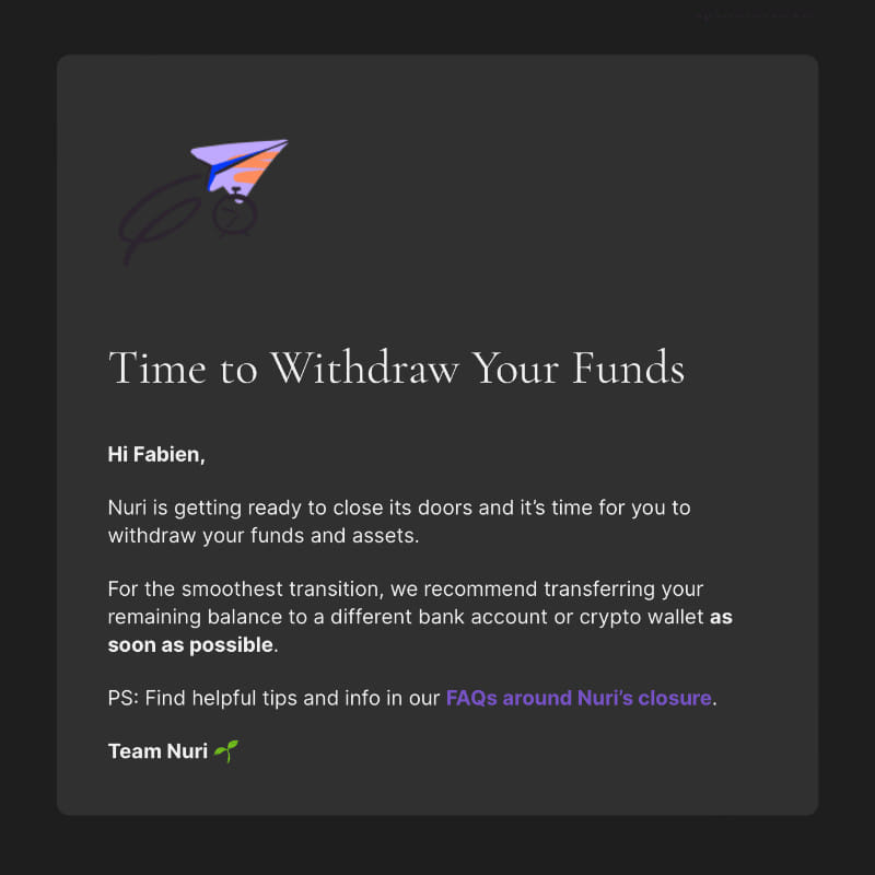 Email de Nuri invitant ses clients à retirer leurs fonds