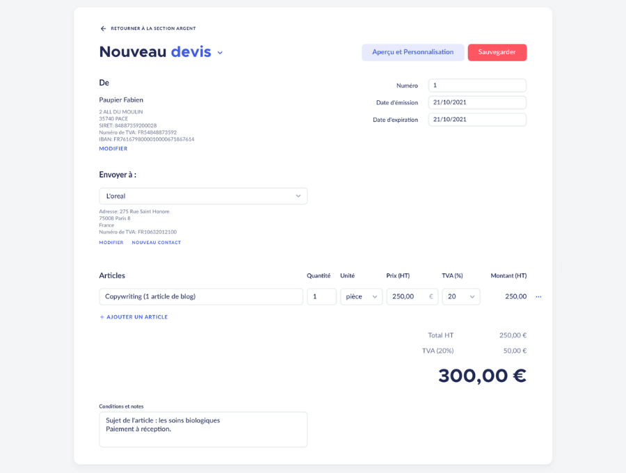 Création d'un nouveau devis avec FINOM